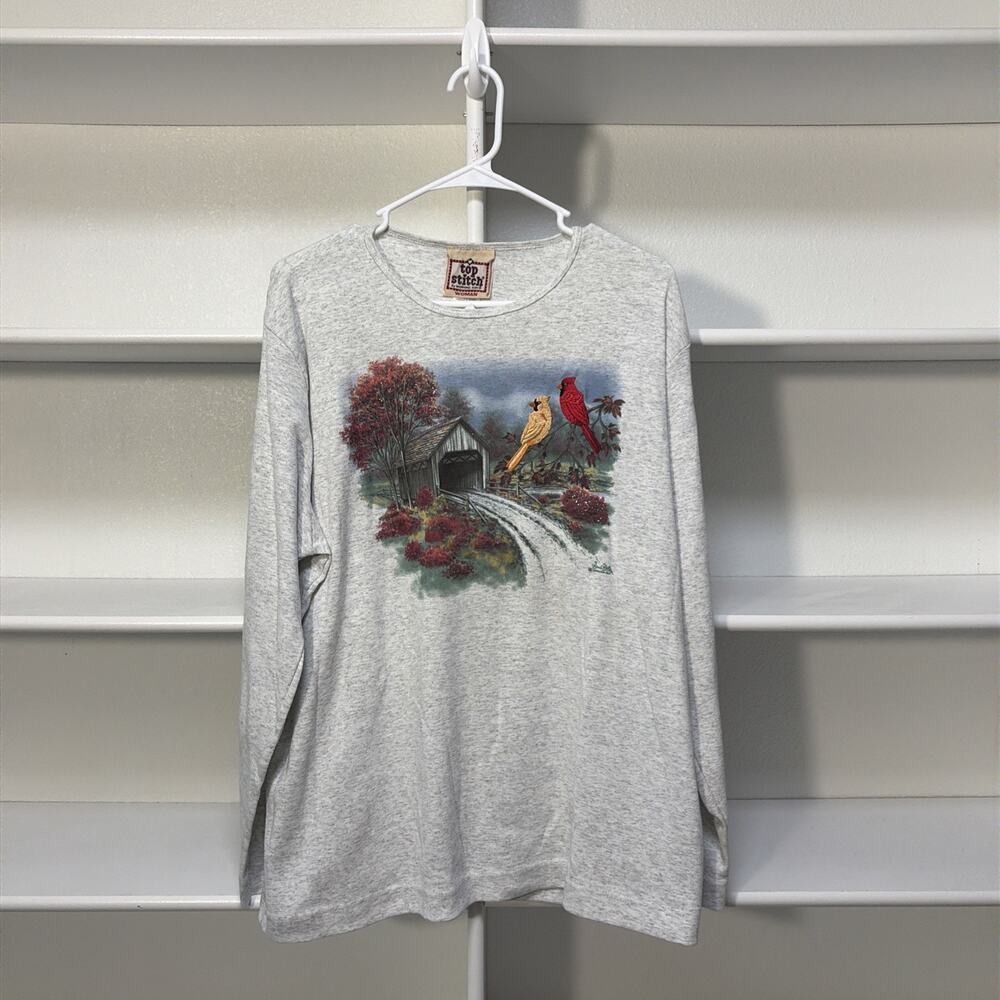 NWT Vtg. Top Stitch by Morning Sun Long Sleeve Sparkly Cardinals & Bridge XXL